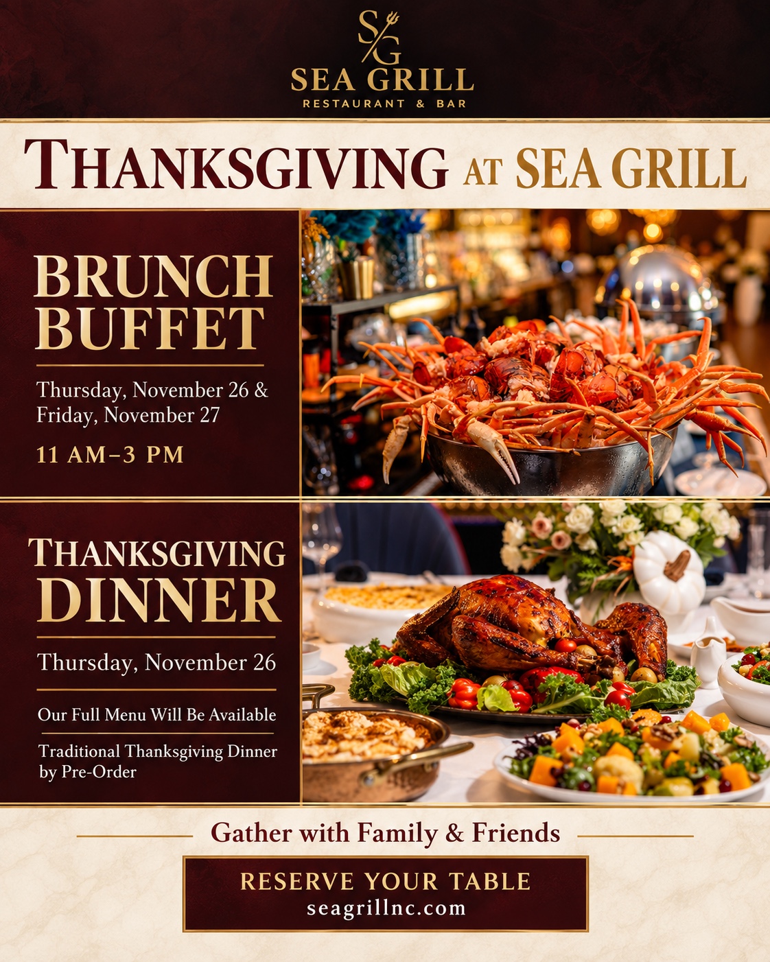 Thanksgiving at Sea Grill 2026 brunch buffet and dinner flyer